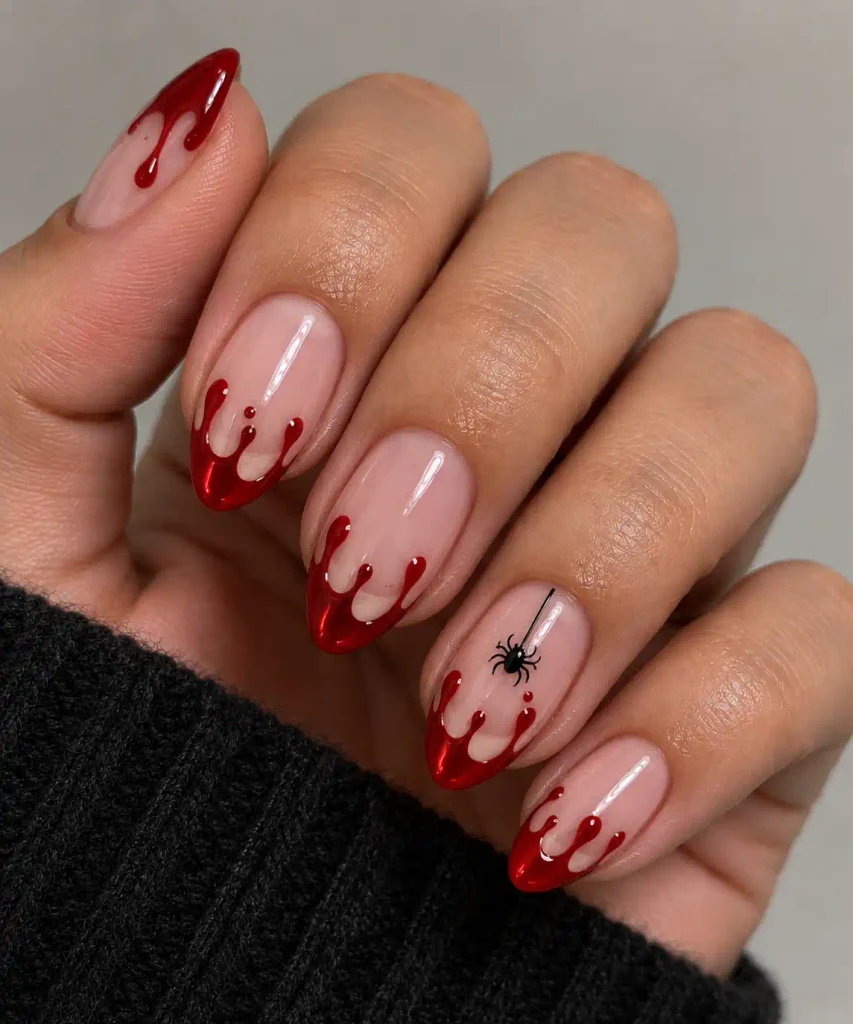 Red blood drip french tip Halloween nail design