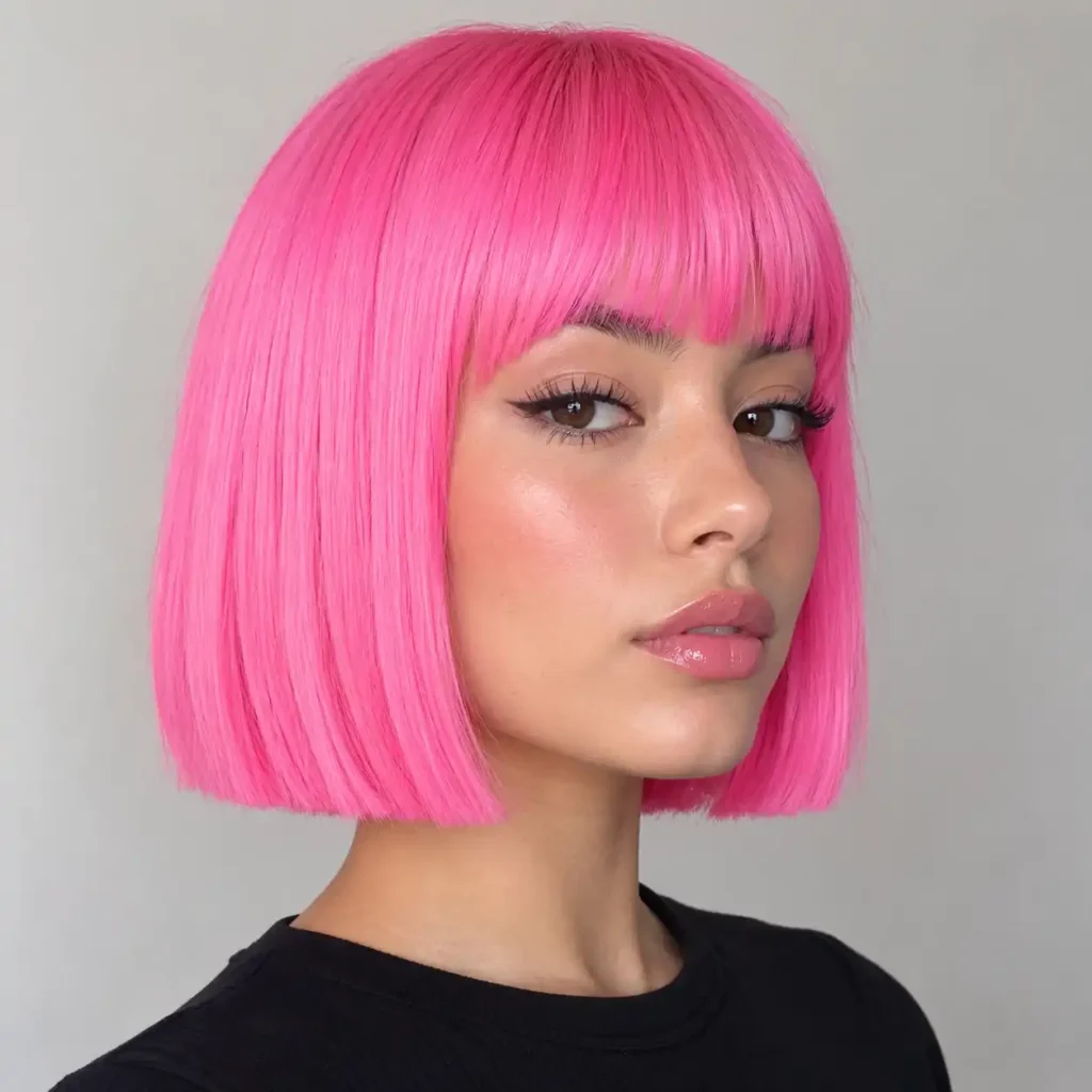 Vibrant bubblegum pink blunt bob haircut