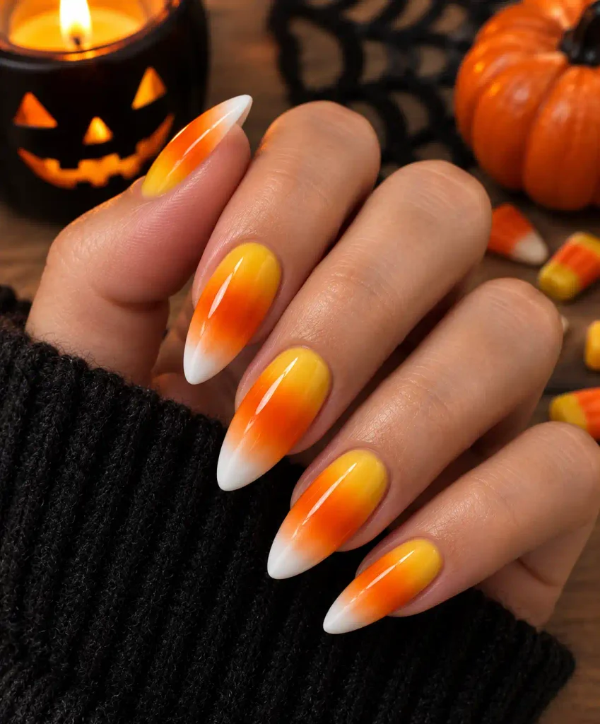 Yellow orange and white candy corn ombre Halloween nails