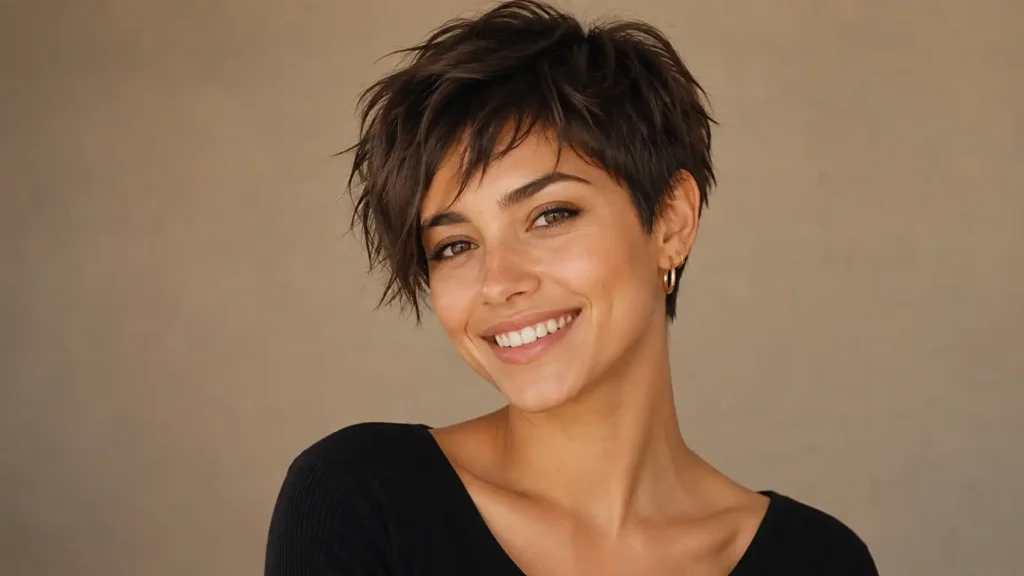 Woman with a short choppy pixie haircut smiling
