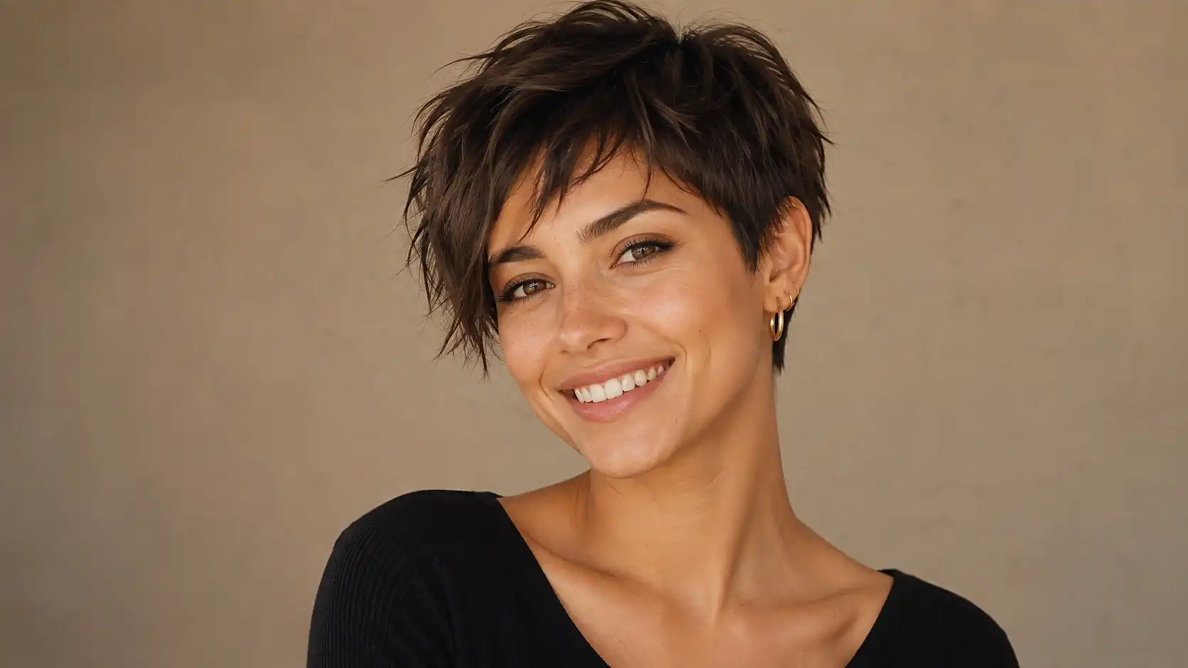 Woman with a short choppy pixie haircut smiling