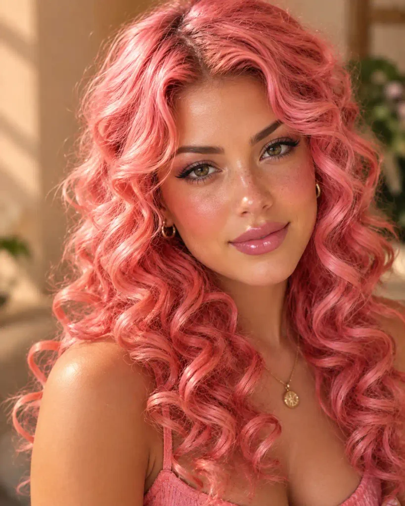 Warm coral pink curled hairstyle