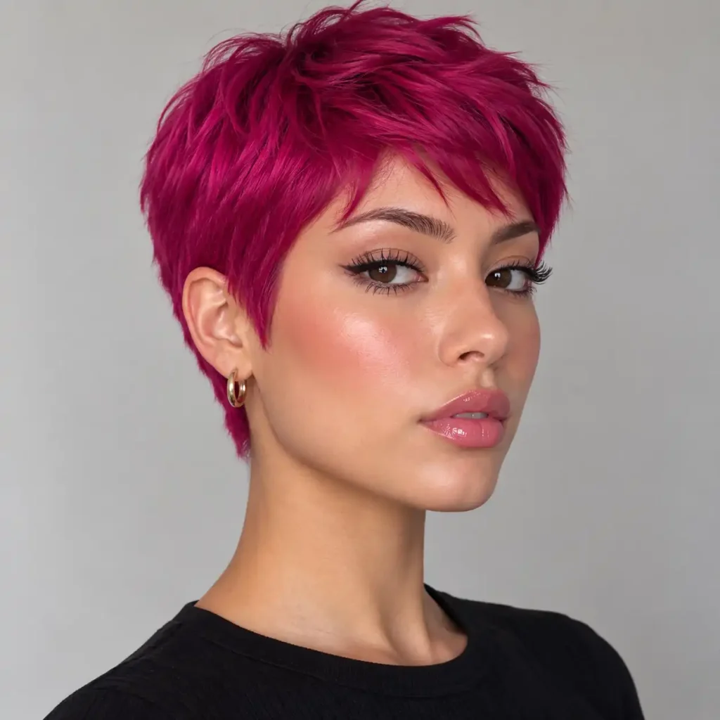 Deep magenta pink pixie haircut
