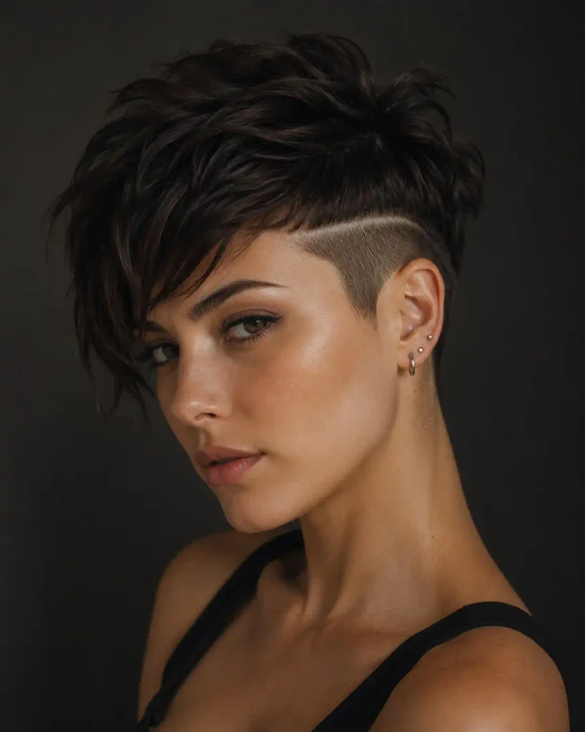 Woman with a disconnected undercut choppy pixie haircut