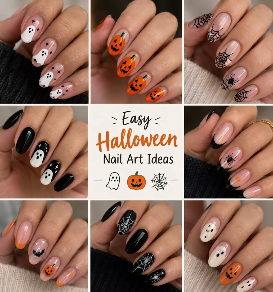 Easy Halloween nail art ideas including ghost, pumpkin, and spider web designs