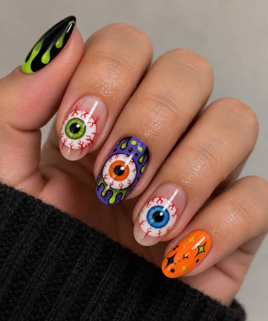 Colorful eyeball accent nail design for Halloween