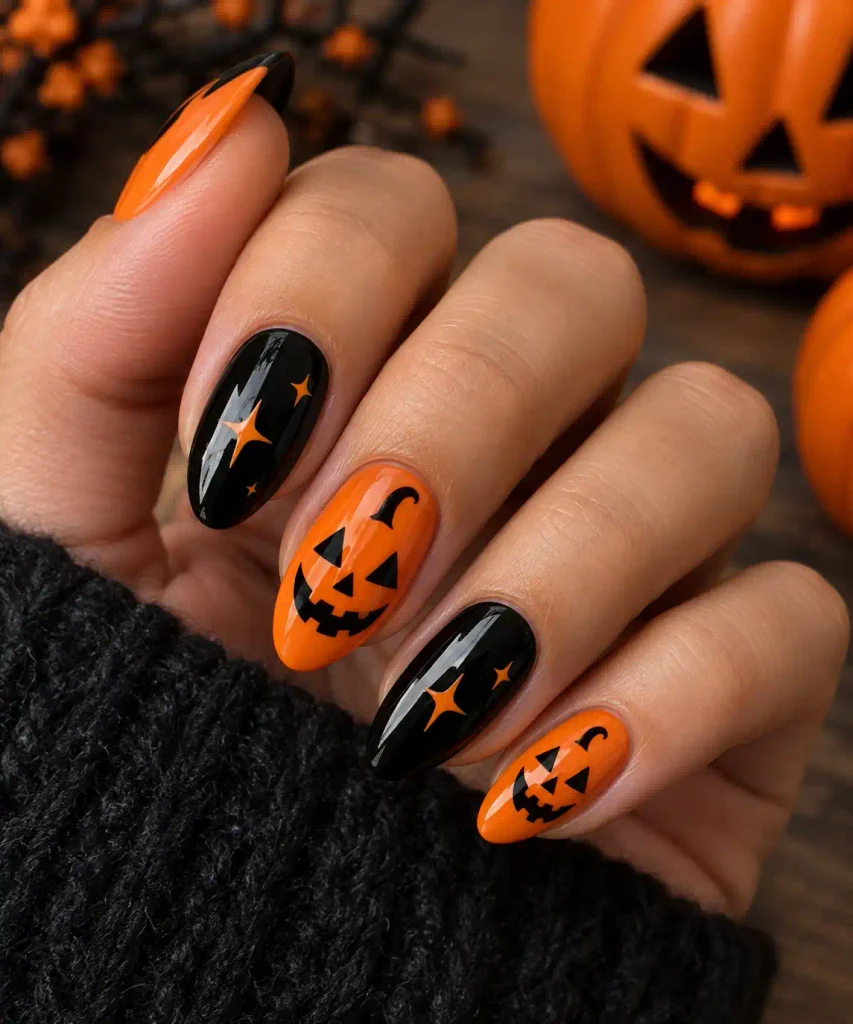 Classic orange and black jack o lantern nail art design