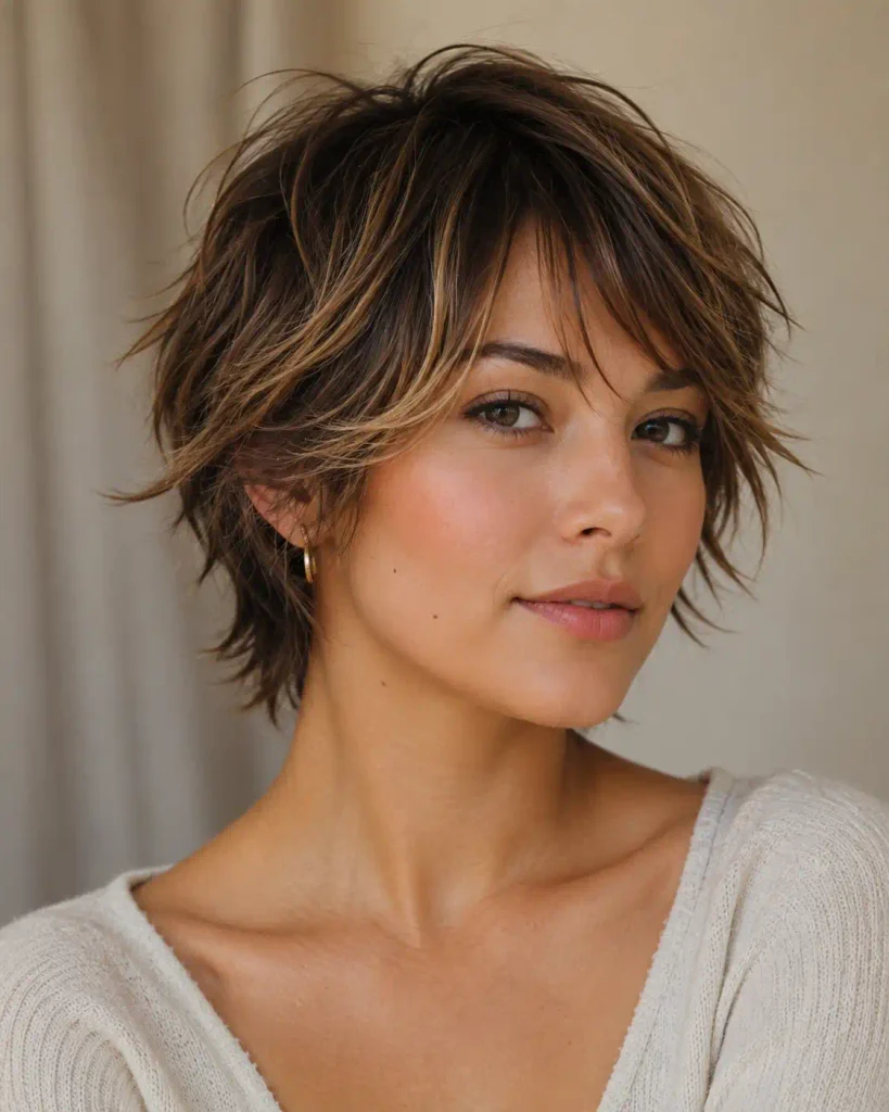 Woman with a longer textured shag-pixie haircut and soft highlights