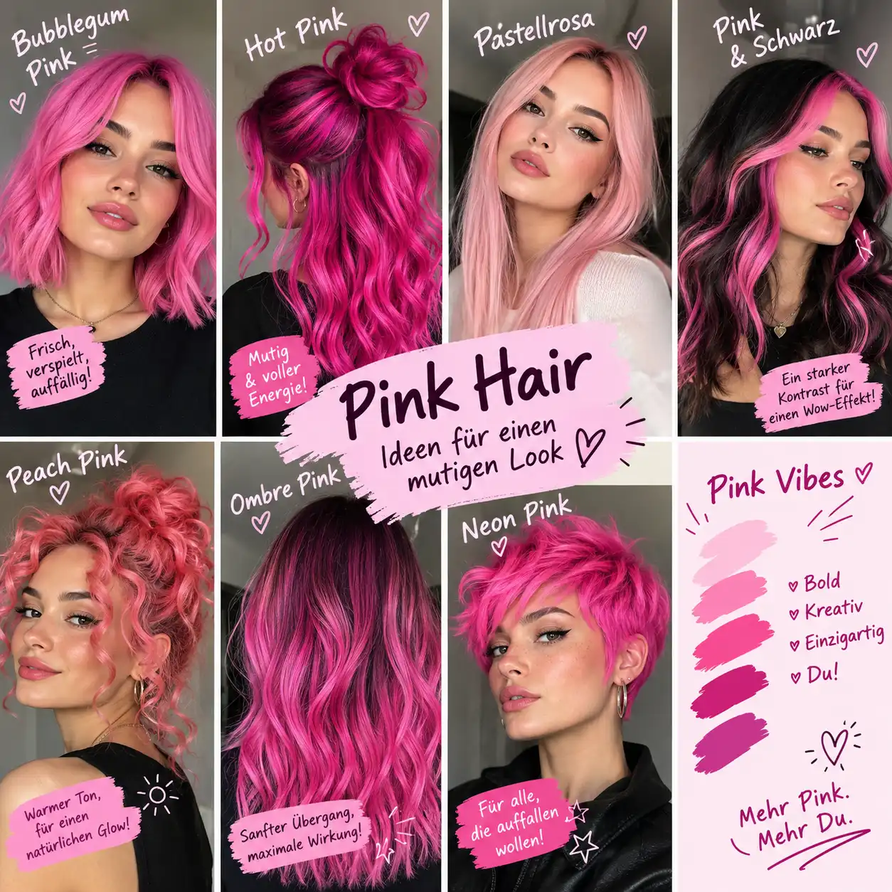 Collage of bold and playful pink hair color ideas