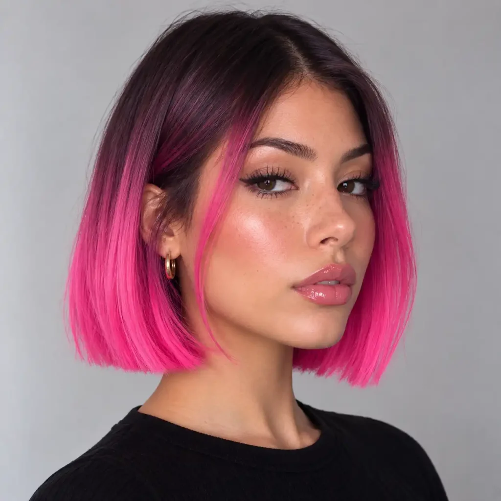 Dark roots fading into vivid pink ombre ends
