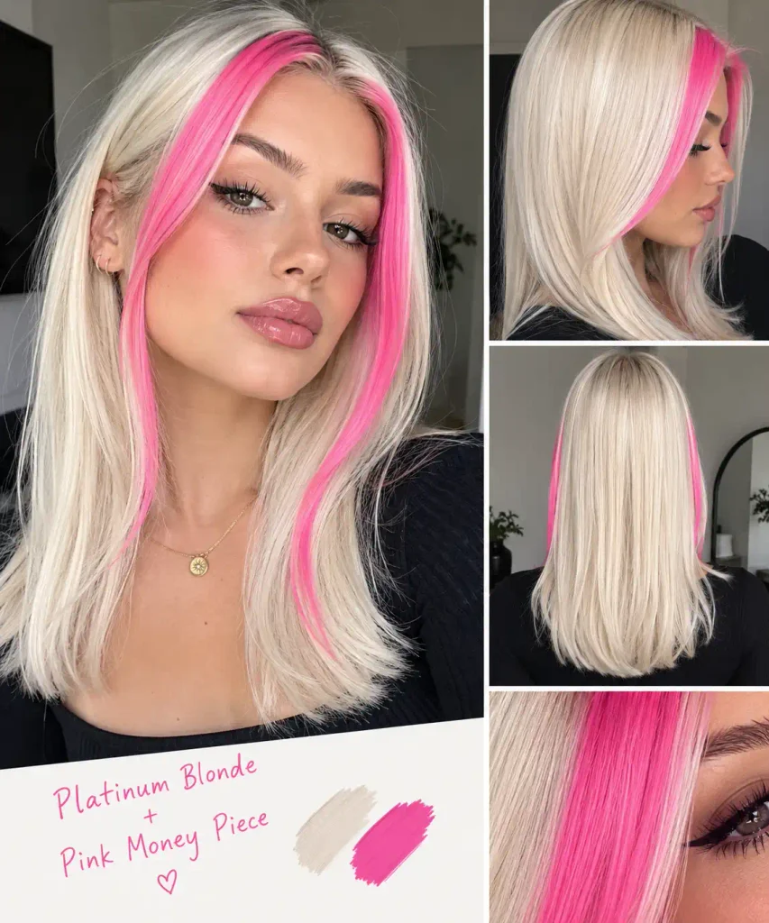 Platinum blonde hair with a bright pink money piece