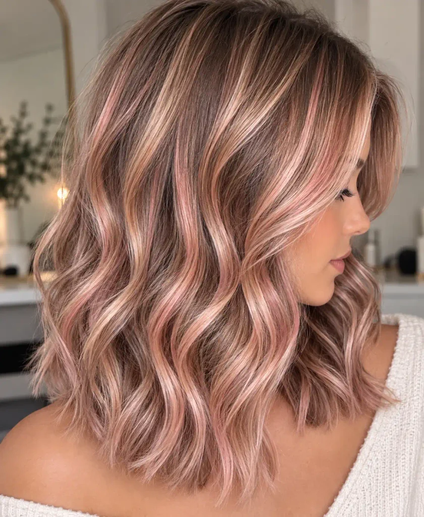 Rose gold balayage highlights on medium length hair