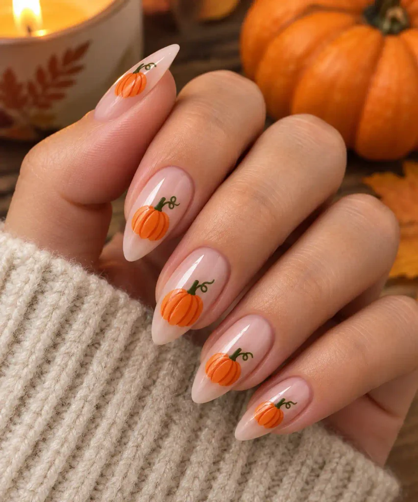 Simple orange pumpkin nail art design with green stem