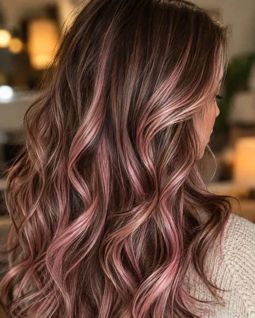 Soft dusty pink balayage on brunette hair