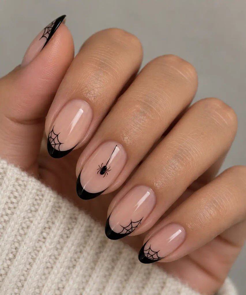 Minimalist black spider web french tip Halloween nail design