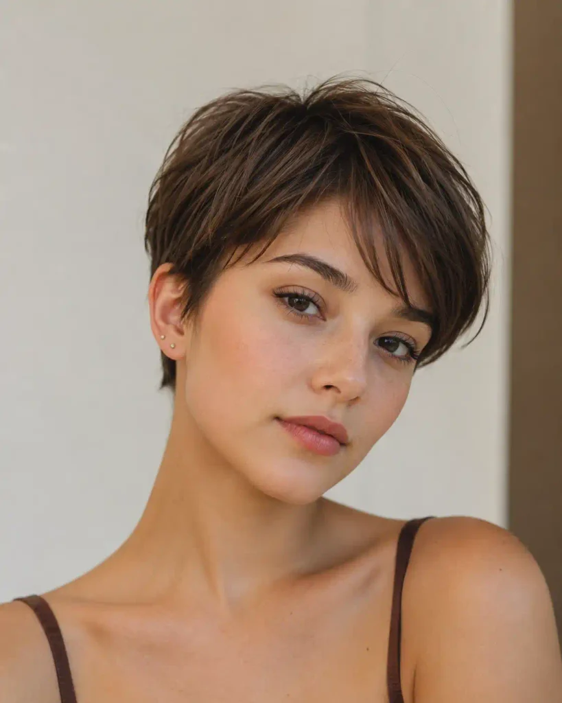 Woman with a wispy fringe choppy pixie haircut